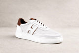 Sneakers Homme Blanc Cognac Aspect Cuir Perforé Bande H premium