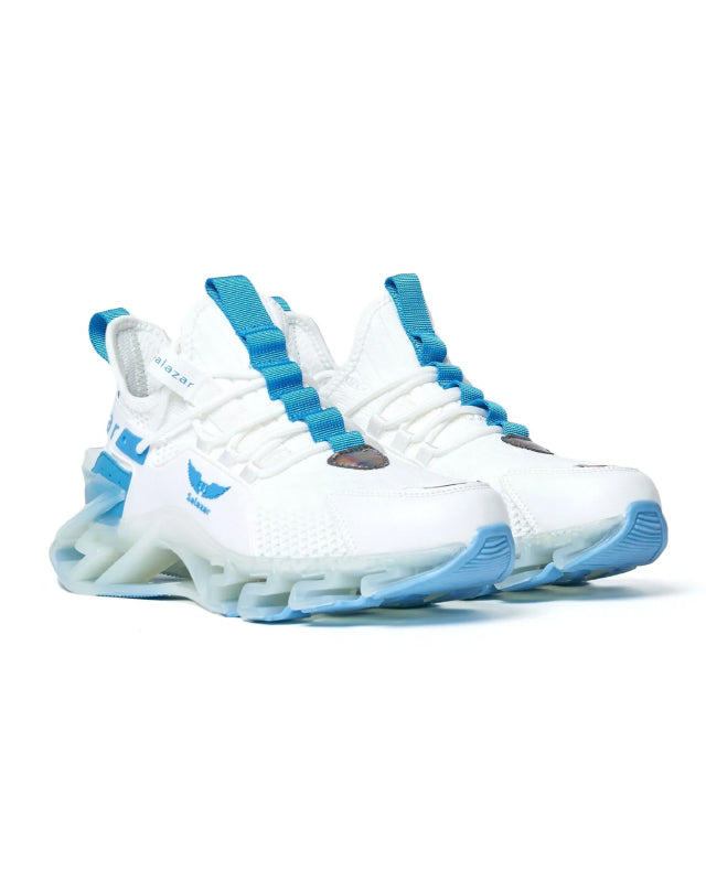 Basket sneakers Blanches knit bleu clair tendance avec semelle transparente blanche 3d forme homme