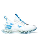 Zapatillas de deporte blancas de punto azul claro de moda con suela blanca transparente en forma de hombre 3d