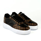 Brown and black monogram sneaker shoes with high white sole for men