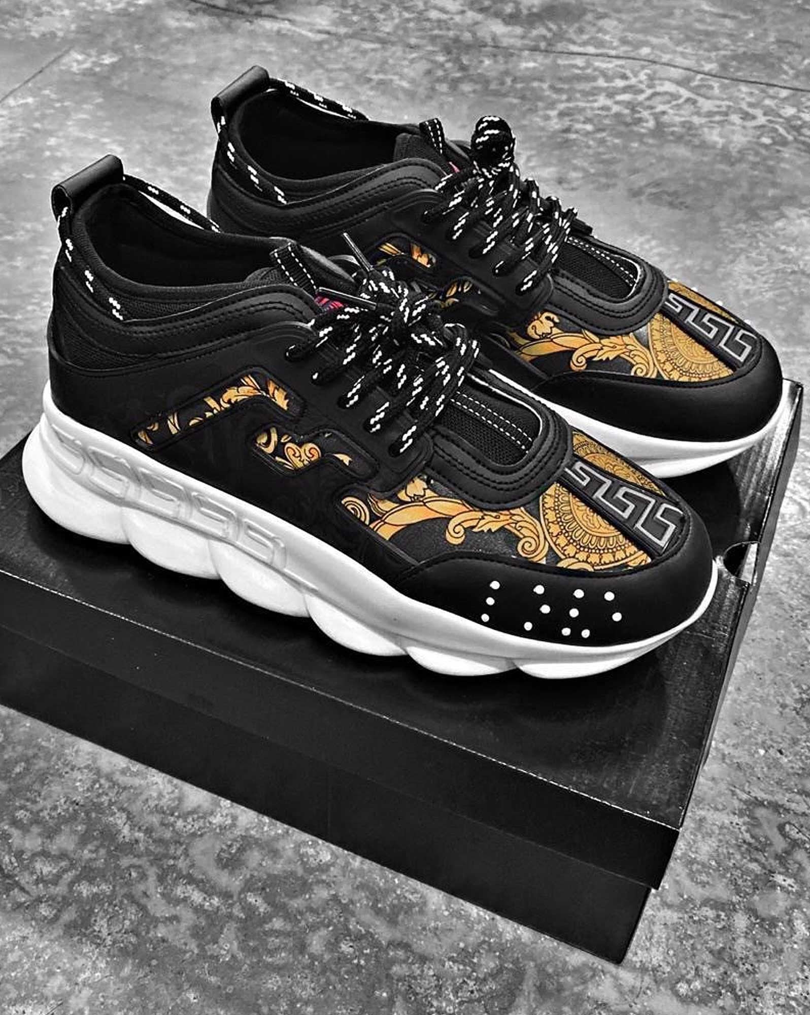 Trendy black sneakers with gold baroque patterns for men