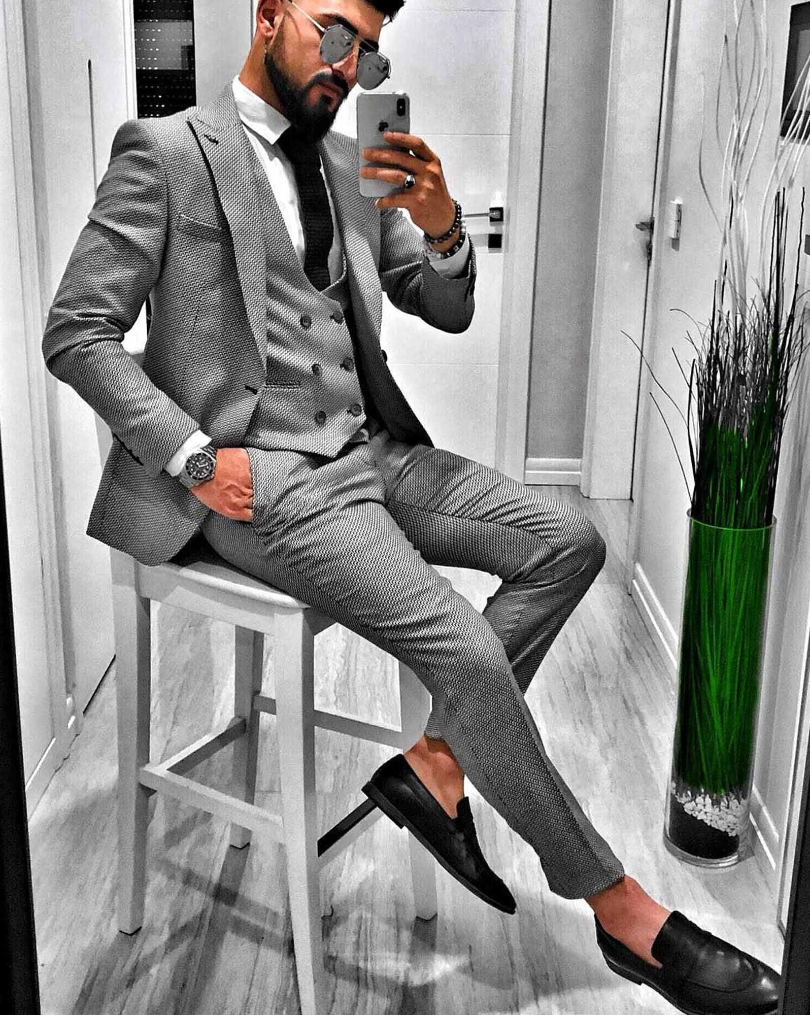 Trendy 3-piece gray woven suit SLIM FIT for Men