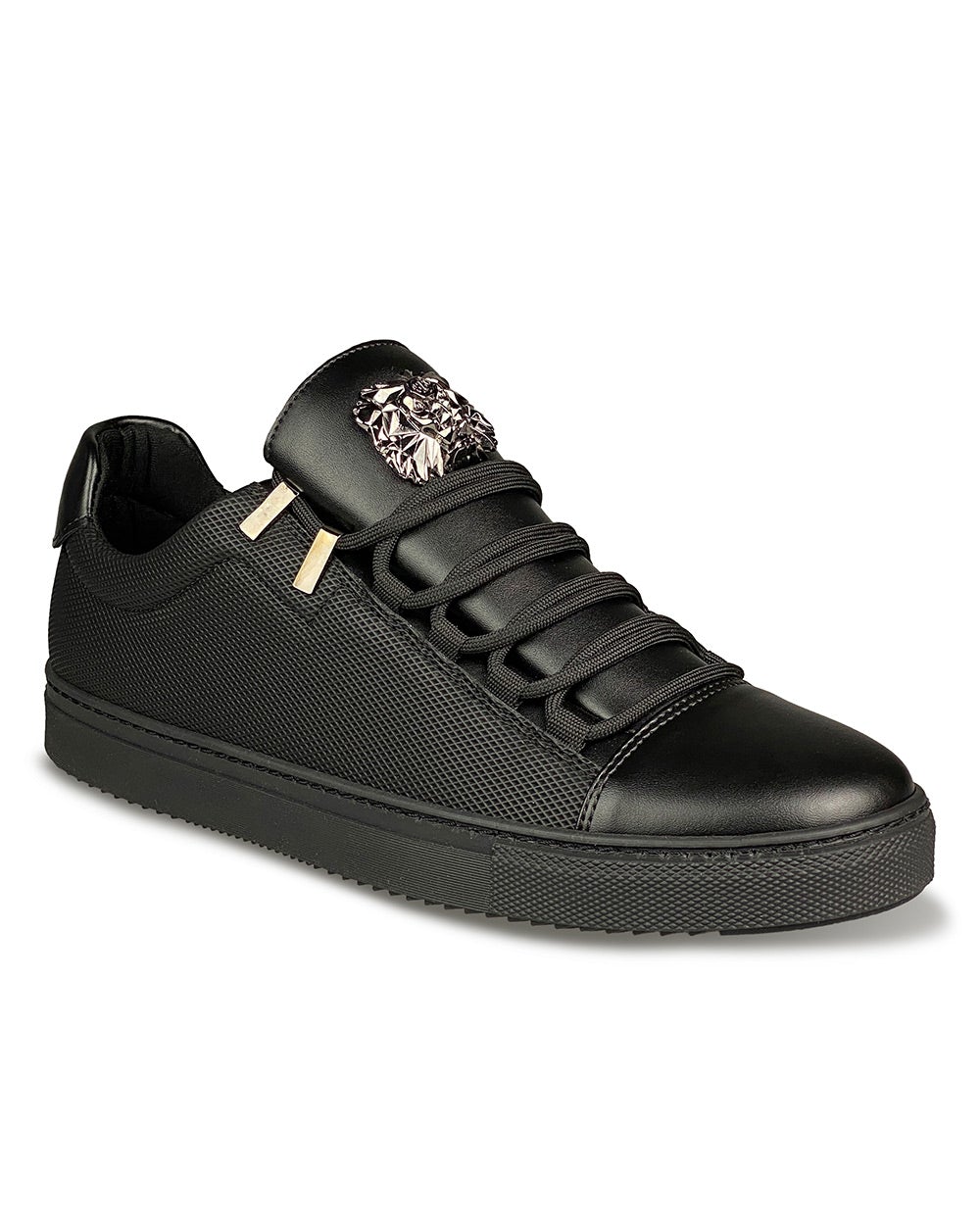Chaussures Sneakers noir tendance à lacets et badge métal Lion et semelle noire pour homme