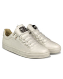 Trendy white sneakers with laces and metal Lion badge and white soles for men