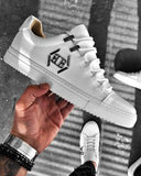 White sneakers shoes with metal logo and white notched soles for men