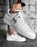White sneakers shoes with metal logo and white notched soles for men
