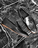 Black genuine leather loafer shoes with chic tassel for men