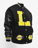 Veste Teddy brodé et patch Lakers avec inscription et bi matière feutrine noir et manches aspect cuir