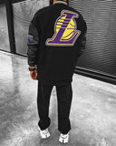 Embroidered Teddy jacket and Lakers patch with inscription and bi-material black felt and leather-like sleeves