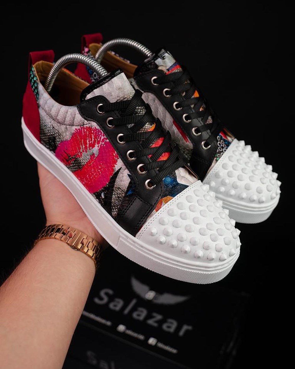 White shoes low sneakers with rhinestone studs with mouth patterns brand BB Salazar for men