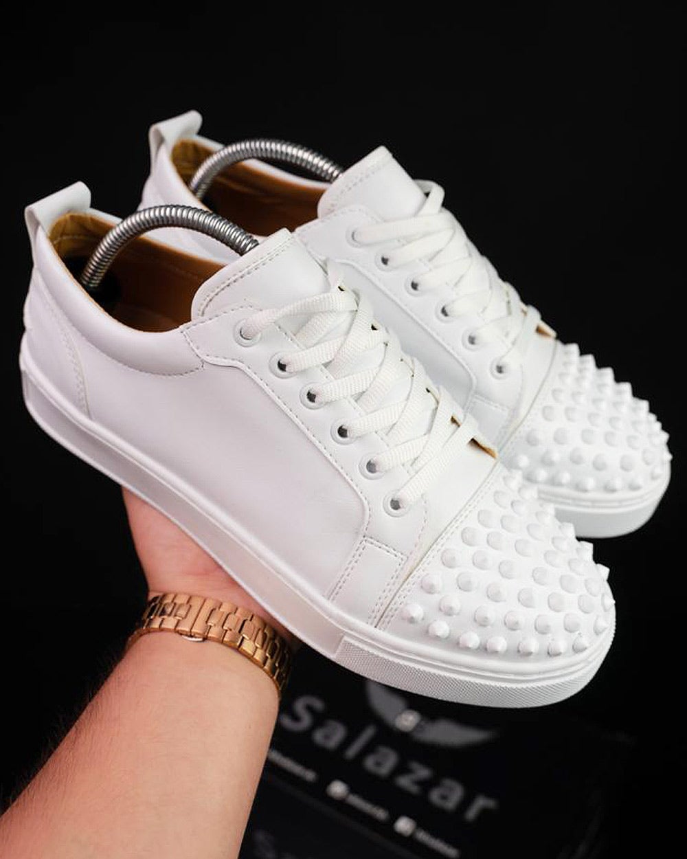 White low-top sneakers with trendy BB Salazar brand studs for men