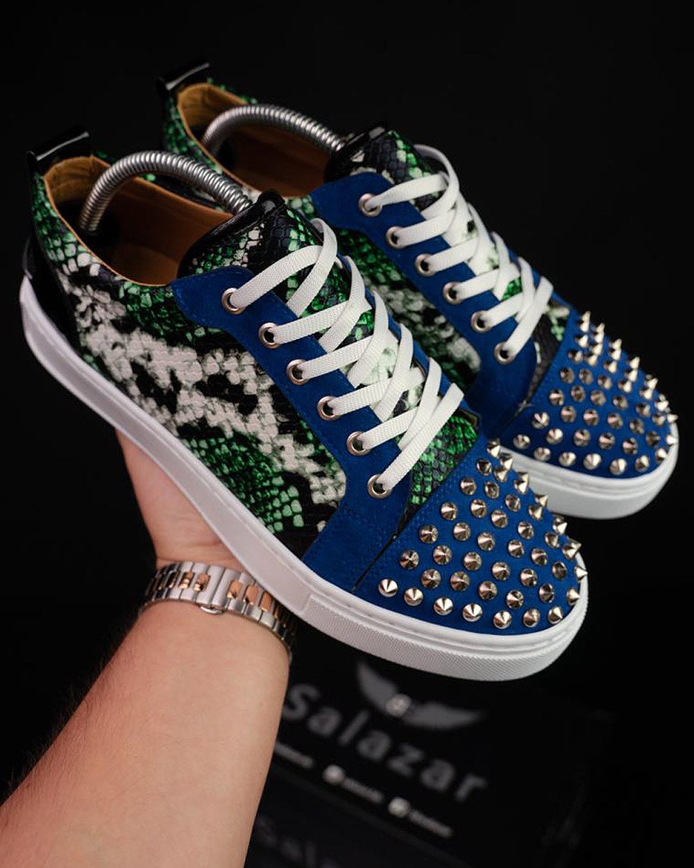 Blue sneaker shoes with trendy snake pattern studs brand BB Salazar for men