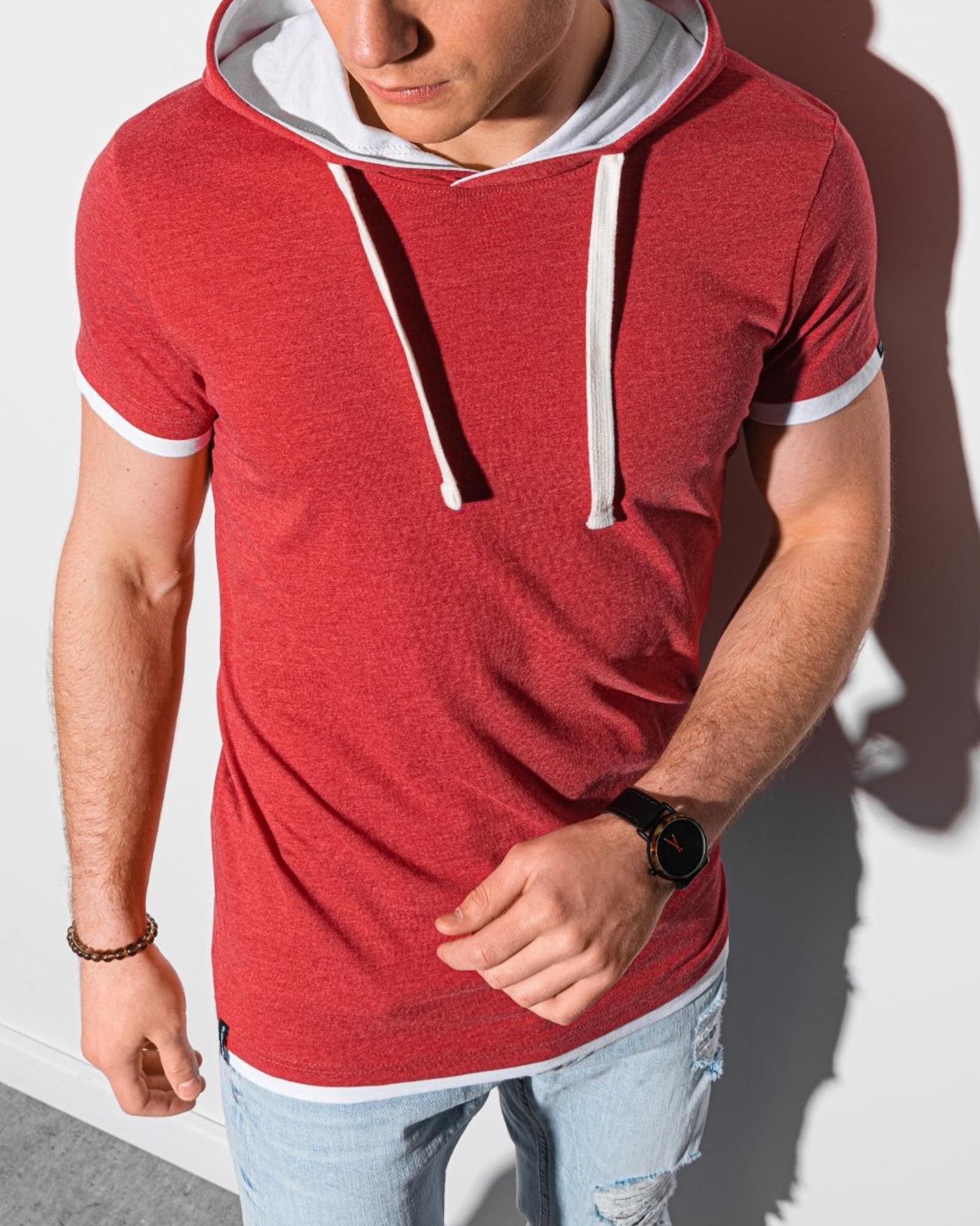 T-shirt rouge chiné à capuche uni à manches courtes pour homme