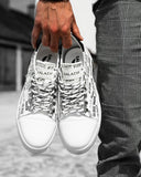 Trendy white sneakers shoes with monogram writing and white notched soles for men