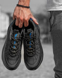 Black sneakers shoes with integrated blue air bubble effect insoles for men