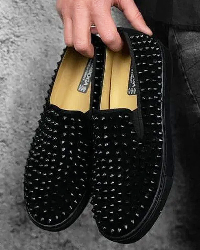 Studded shoes type black elastic loafers with black suede aspect with studs