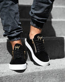 Black suede leather look basketball shoes with gold side zip for men