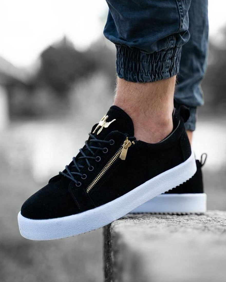 Black suede leather look basketball shoes with gold side zip for men