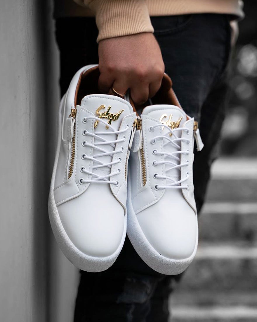 White leather look basketball shoes with side zip for men