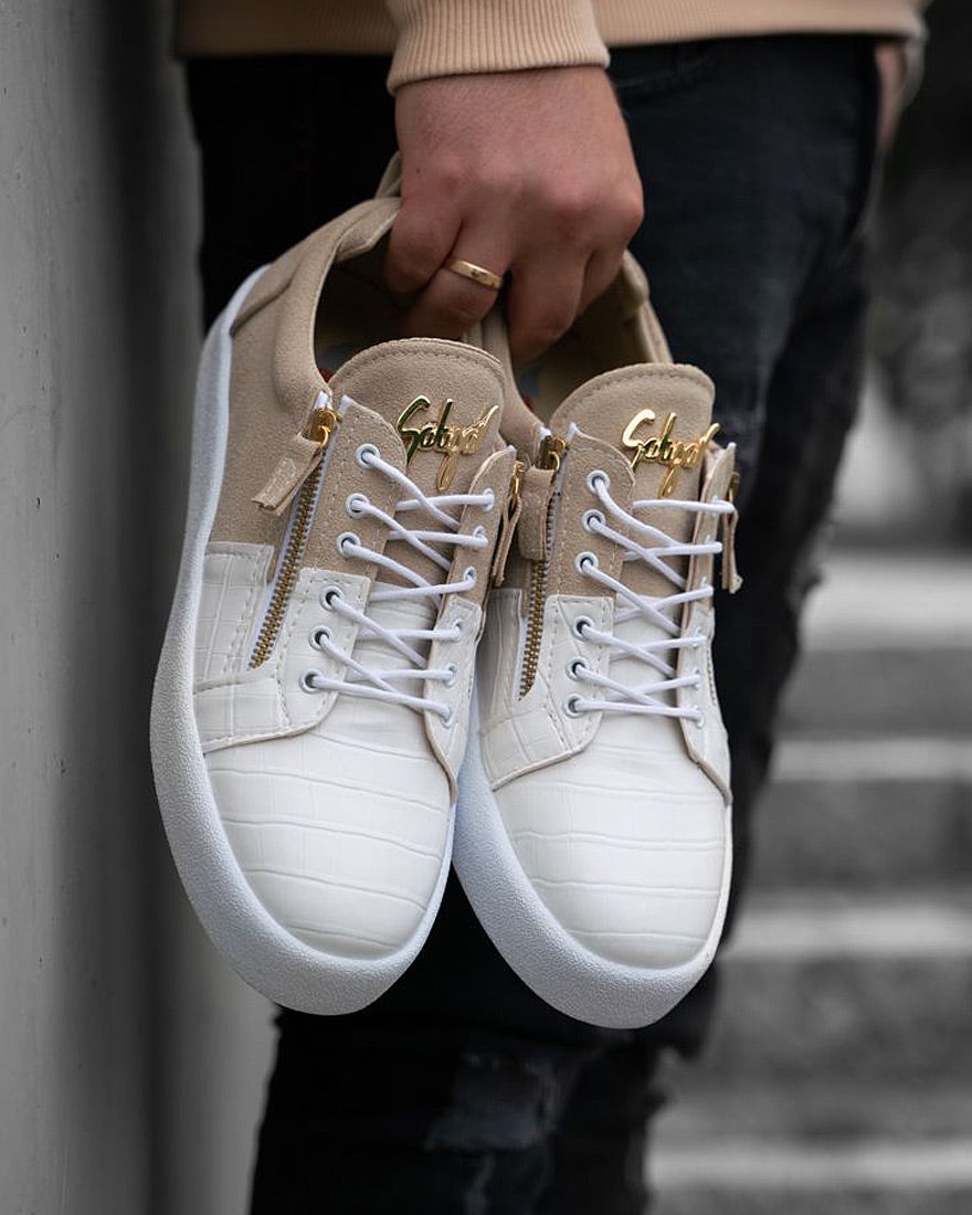 Chaussures Basket beige et blanche aspect cuir avec zip latéral pour homme