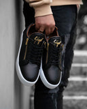 Black leather look basketball shoes with side zip for men