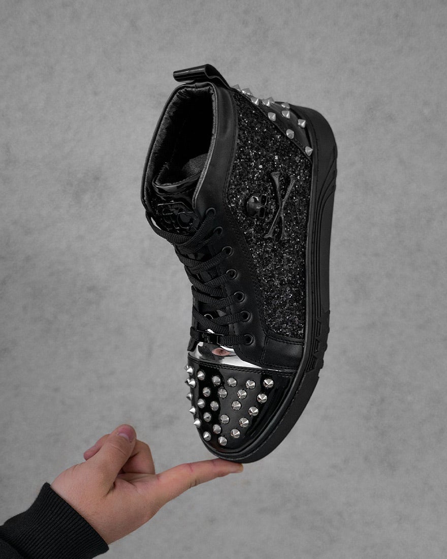 Black high-top sneakers with rhinestone studs brand BB Salazar for men