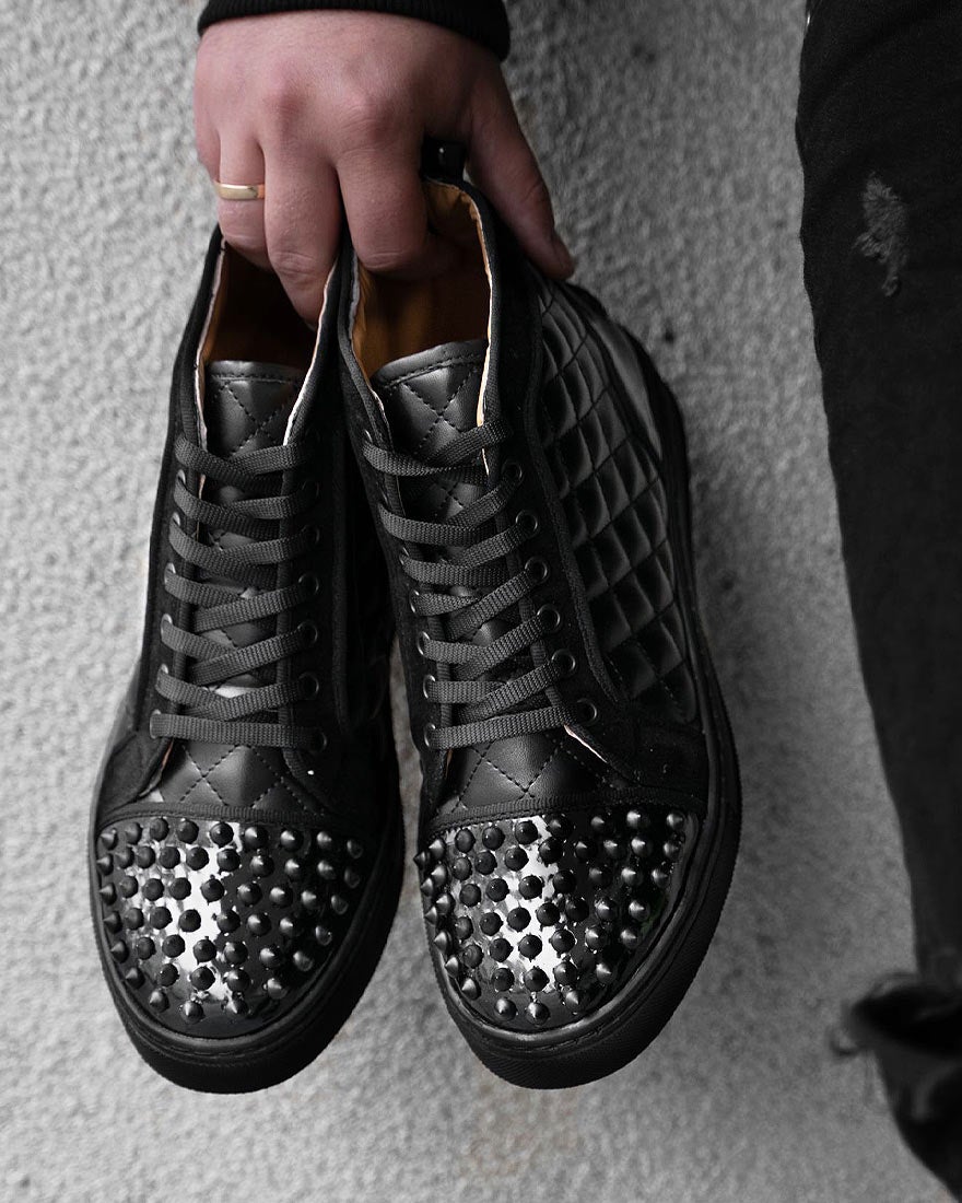 Black high-top trainers with checkerboard effect leather with studs brand BB Salazar for men