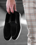 Chaussures mocassins Noir en cuir suédé daim avec semelle blanche gomme pour homme
