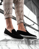 Black moccasin shoes in suede suede leather with white rubber sole for men