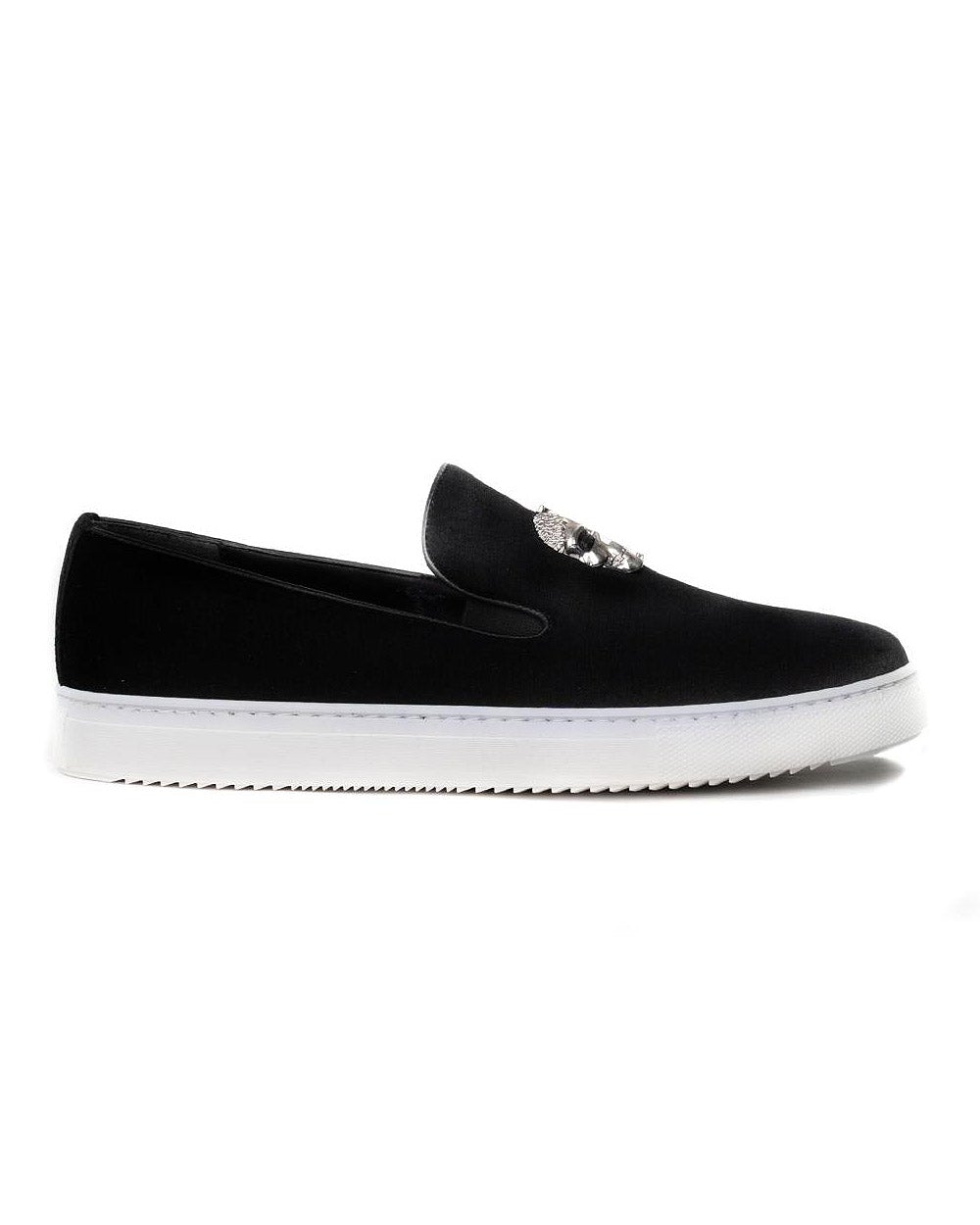 Black loafer shoes suede leather look with metal skull and sneaker type sole for men
