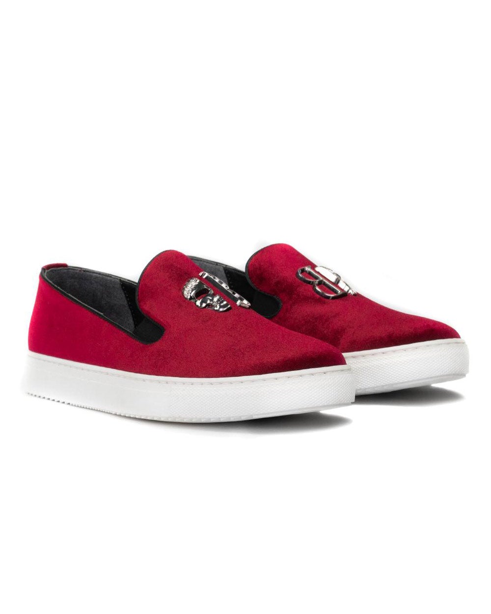 Moccasin shoes suede look burgundy red with metal skull and sneaker type sole for men