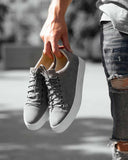 Gray leather look lace-up sneakers with white sole for men