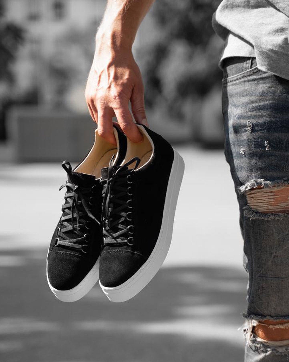 Black leather look lace-up sneakers with white sole for men