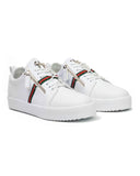 White leather-look basketball shoes with side zip and red and green colored band for men