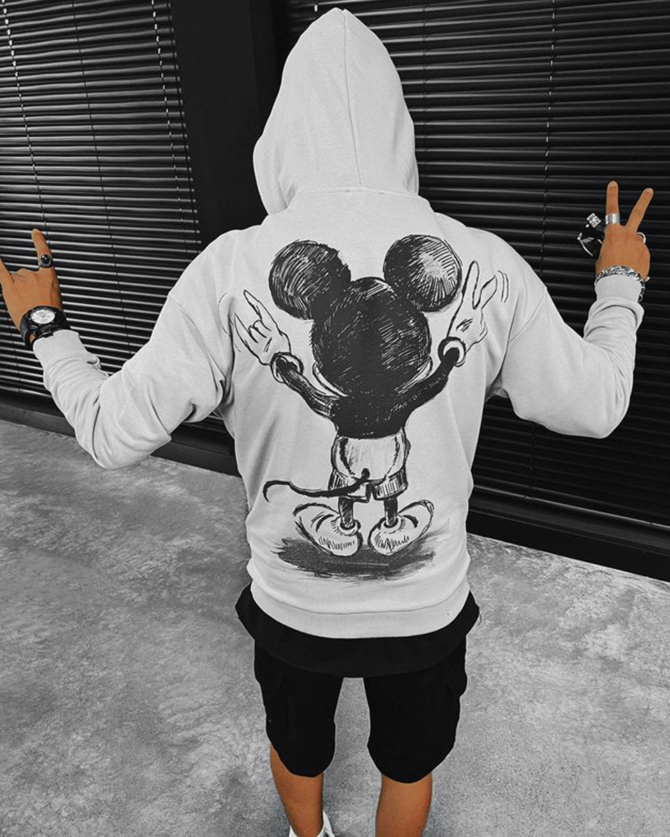 Gray hoodie with Mickey print visual on the back