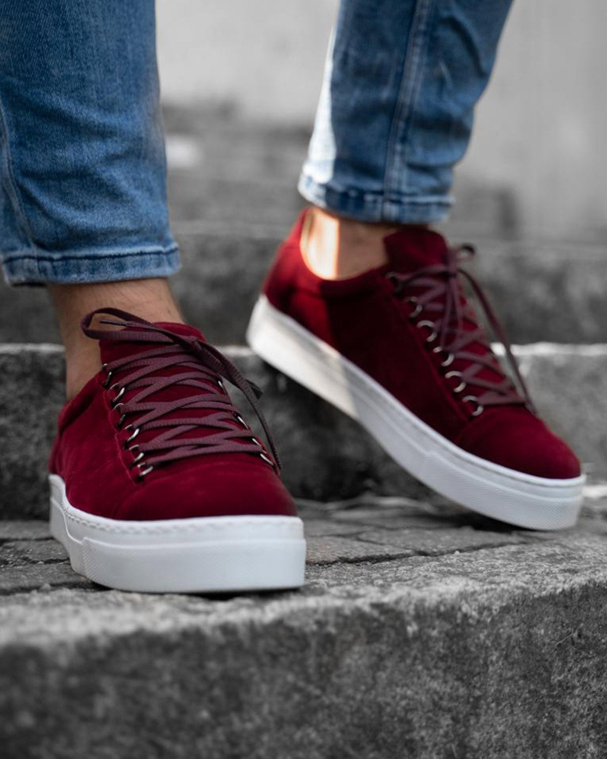 Burgundy leather look lace-up sneakers with white sole for men