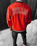 Red American college Team Bulls teddy jacket with back and front embroidery for men