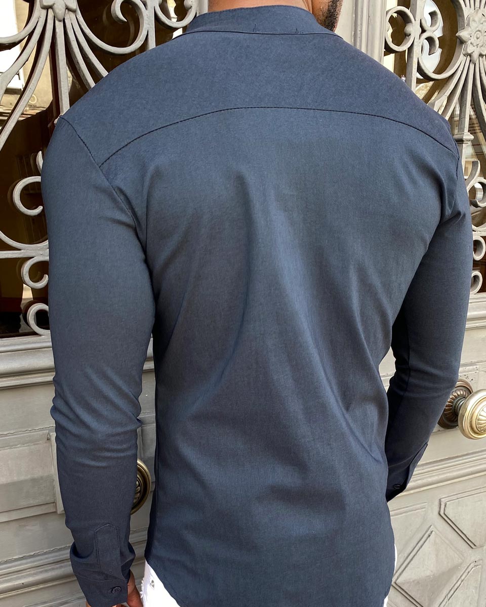 Trendy men's slim-fit navy blue mandarin collar shirt UNIPLAY