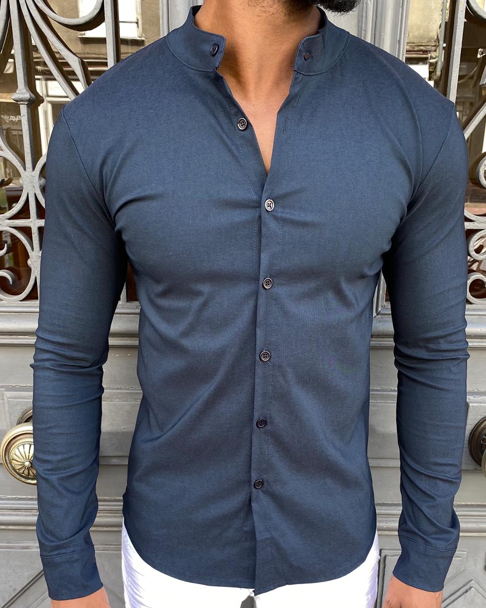 Trendy men's slim-fit navy blue mandarin collar shirt UNIPLAY