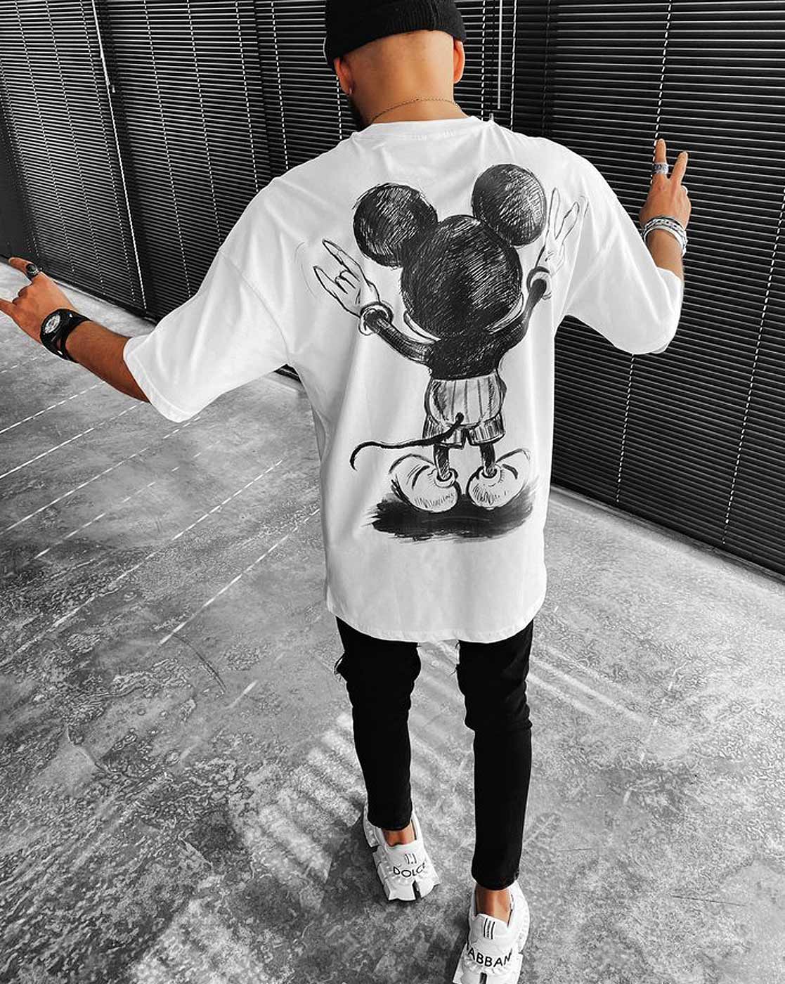 T-shirt blanc oversize imprimé Mickey Dessin stylé pour homme – MY-LOOK