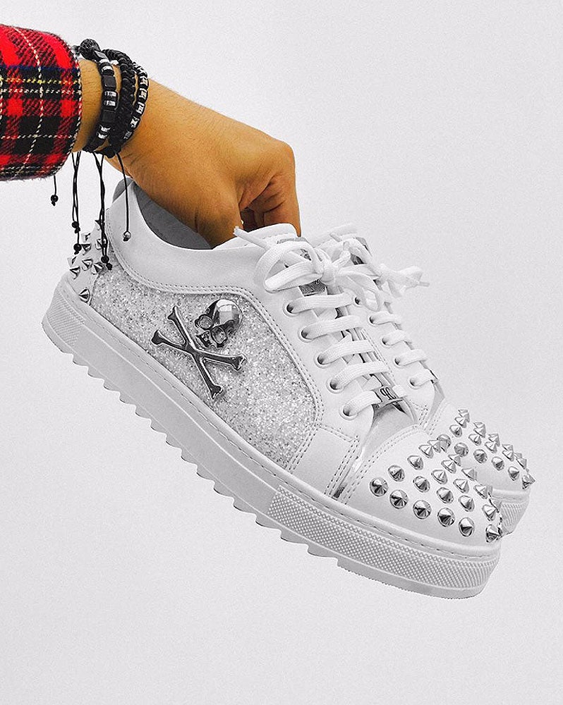 White shoes low sneakers with rhinestones studs and skull brand BB Salazar for men
