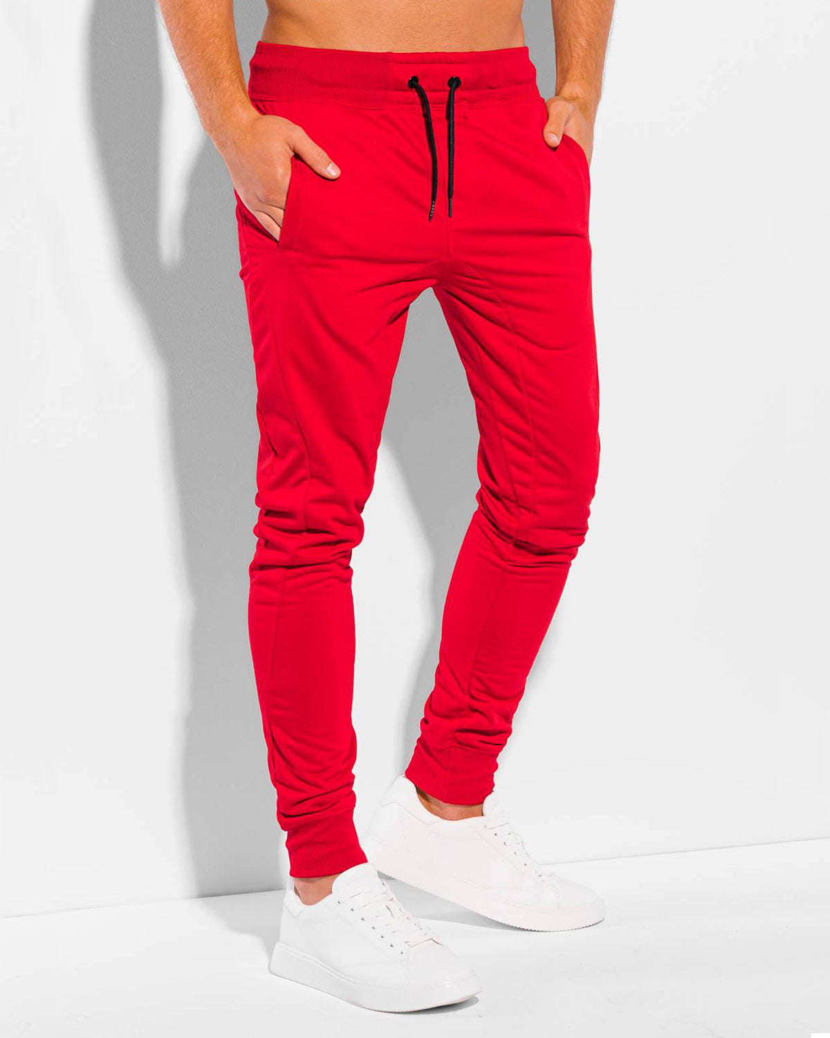 Men's plain red slim-fit fleece sweatpants