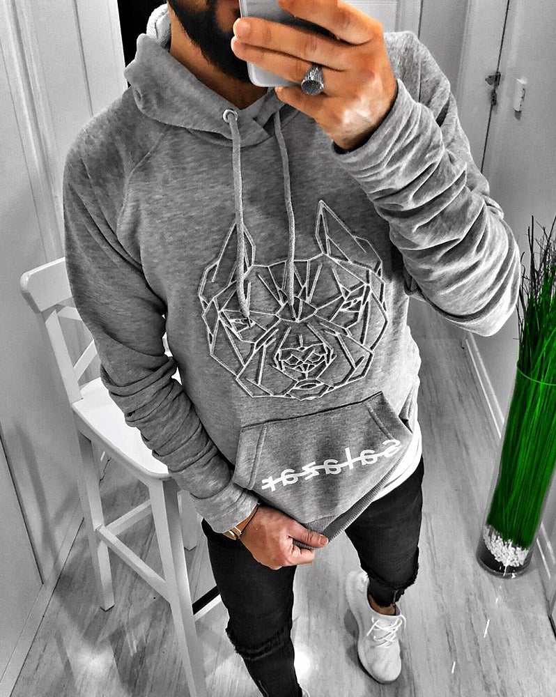 PITBULL gray hooded and motis printed sweatshirt with belly pocket for men