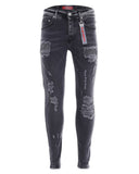 Jean slim noir délavé usé troué avec strass icon pour homme