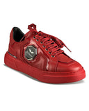 Chaussures Sneakers rouge tendance à lacets avec écriture et badge métal et semelle rouge pour homme