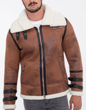 Camel brown bomber jacket with ecru white sherpa fur lining for men
