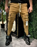 Slim-fit camel beige cargo canvas pants with elasticated ankles and waist for men