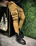 Slim-fit camel beige cargo canvas pants with elasticated ankles and waist for men