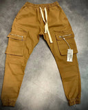 Slim-fit camel beige cargo canvas pants with elasticated ankles and waist for men