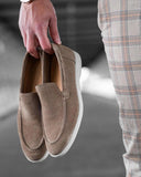 Beige moccasin shoes in suede suede leather with white rubber sole for men